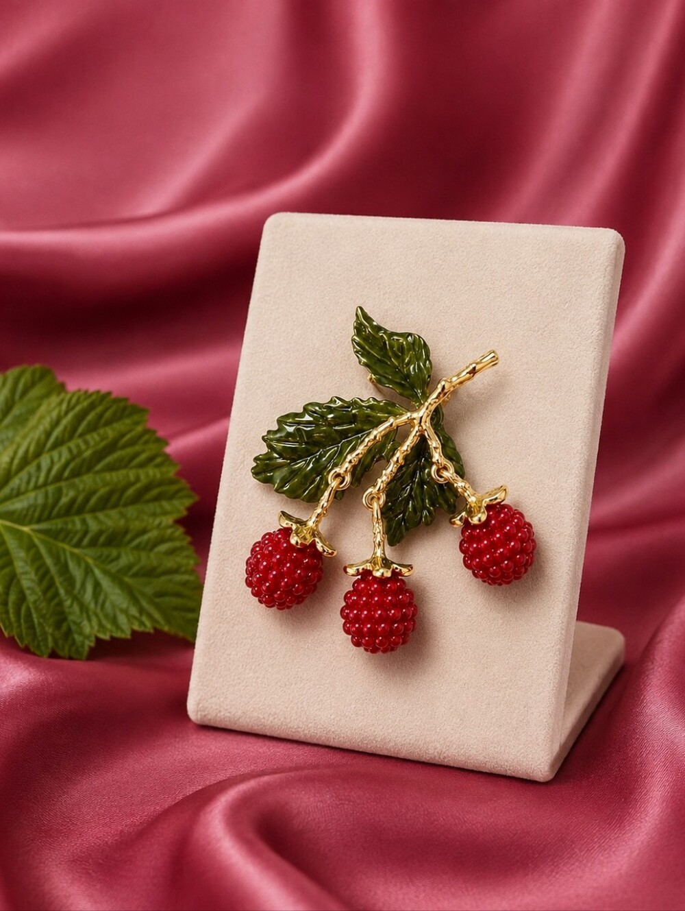 Gold-Tone Raspberry Cluster Brooch with Articulated Red Beaded Berries